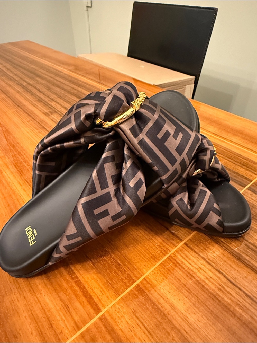 Fendi Brown and Black Logo Knot Slide Sandals with Gold Accent